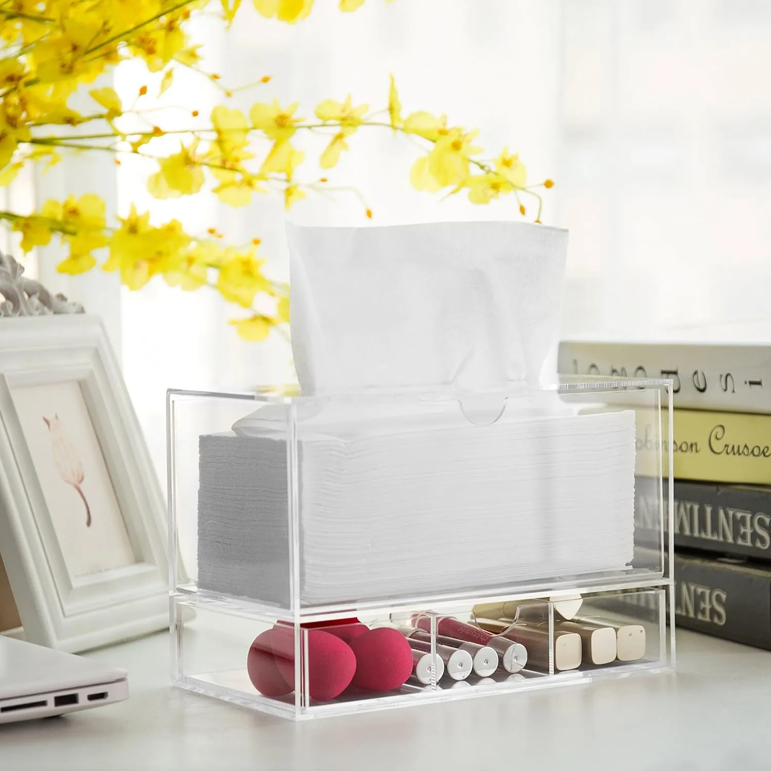 Modern Clear Acrylic Facial Tissue Dispenser Holder with Pull-Out Drawer for Makeup Cosmetics and Accessories, Vanity Countertop Bathroom Supplies Caddy