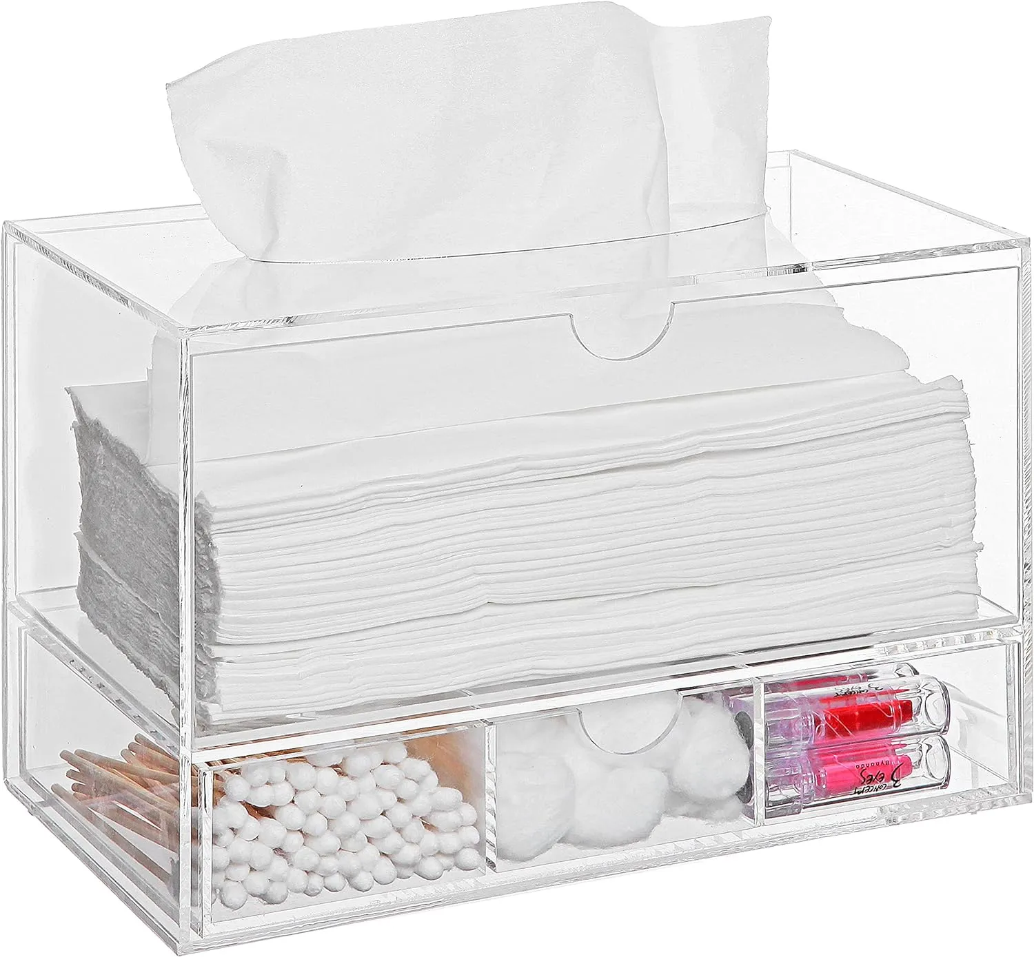 Modern Clear Acrylic Facial Tissue Dispenser Holder with Pull-Out Drawer for Makeup Cosmetics and Accessories, Vanity Countertop Bathroom Supplies Caddy