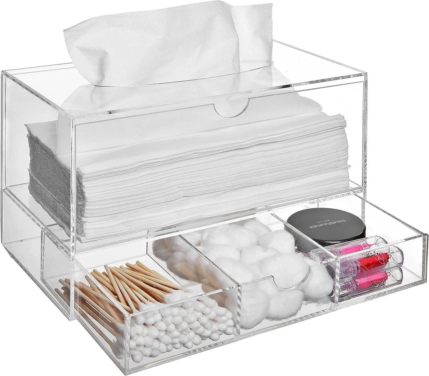 Modern Clear Acrylic Facial Tissue Dispenser Holder with Pull-Out Drawer for Makeup Cosmetics and Accessories, Vanity Countertop Bathroom Supplies Caddy