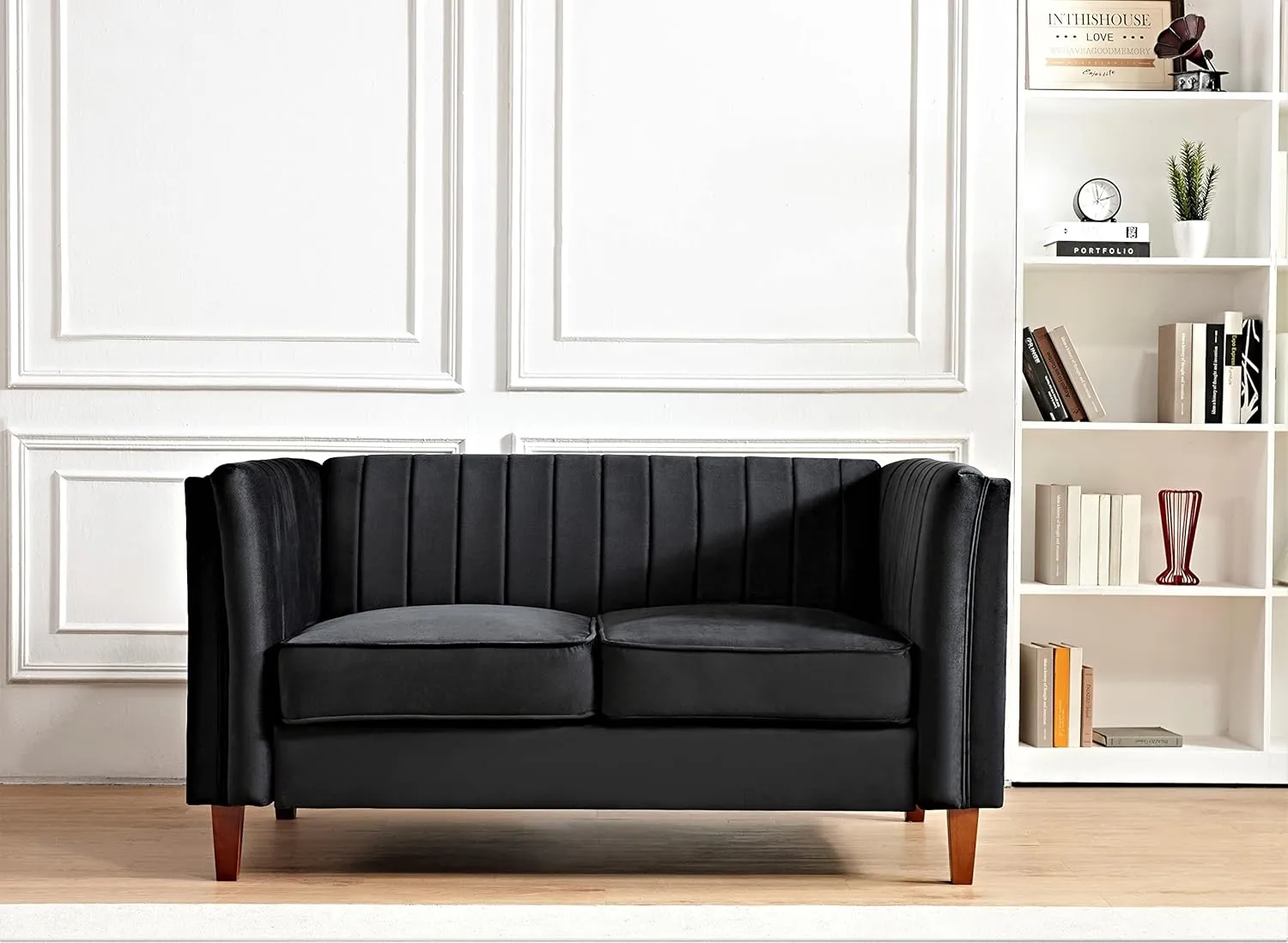 Modern Luxury Velvet Couch for Living Room with High Density Foam, Soft Fabric Upholstery, Removable Cushions and Solid Wood Legs, 60.2'' Wide Loveseat, Black
