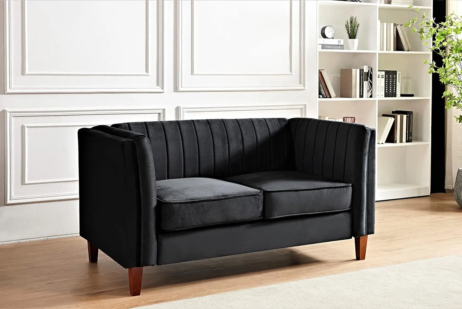 Modern Luxury Velvet Couch for Living Room with High Density Foam, Soft Fabric Upholstery, Removable Cushions and Solid Wood Legs, 60.2'' Wide Loveseat, Black