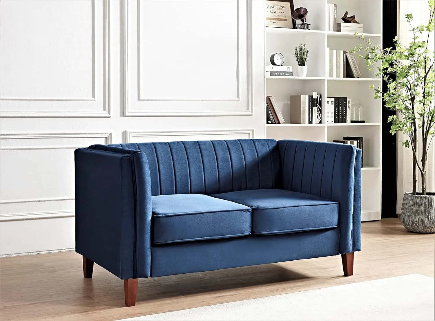 Modern Luxury Velvet Couch for Living Room with High Density Foam, Soft Fabric Upholstery, Removable Cushions and Solid Wood Legs, 60.2'' Wide Loveseat, Dark Blue