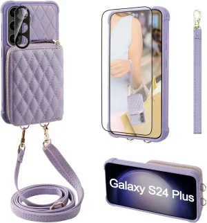 MONASAY Crossbody Wallet Case Compatible for Samsung Galaxy S24  Plus 6.7 inch[Glass Lens and Screen Protector] Zipper Phone Cover with Card Holder and Handbag Shoulder Lanyard Strap, Light Purple