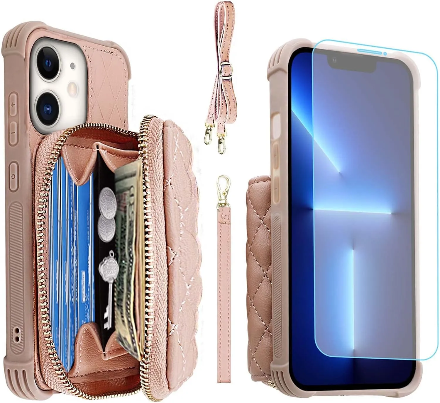 MONASAY Zipper Wallet Case Fit for iPhone 11,[Glass Screen Protector ][RFID Blocking] Flip Leather Handbag Phone Cover with Card Holder and Detachable Crossbody Shoulder Lanyard Strap, Rosegold