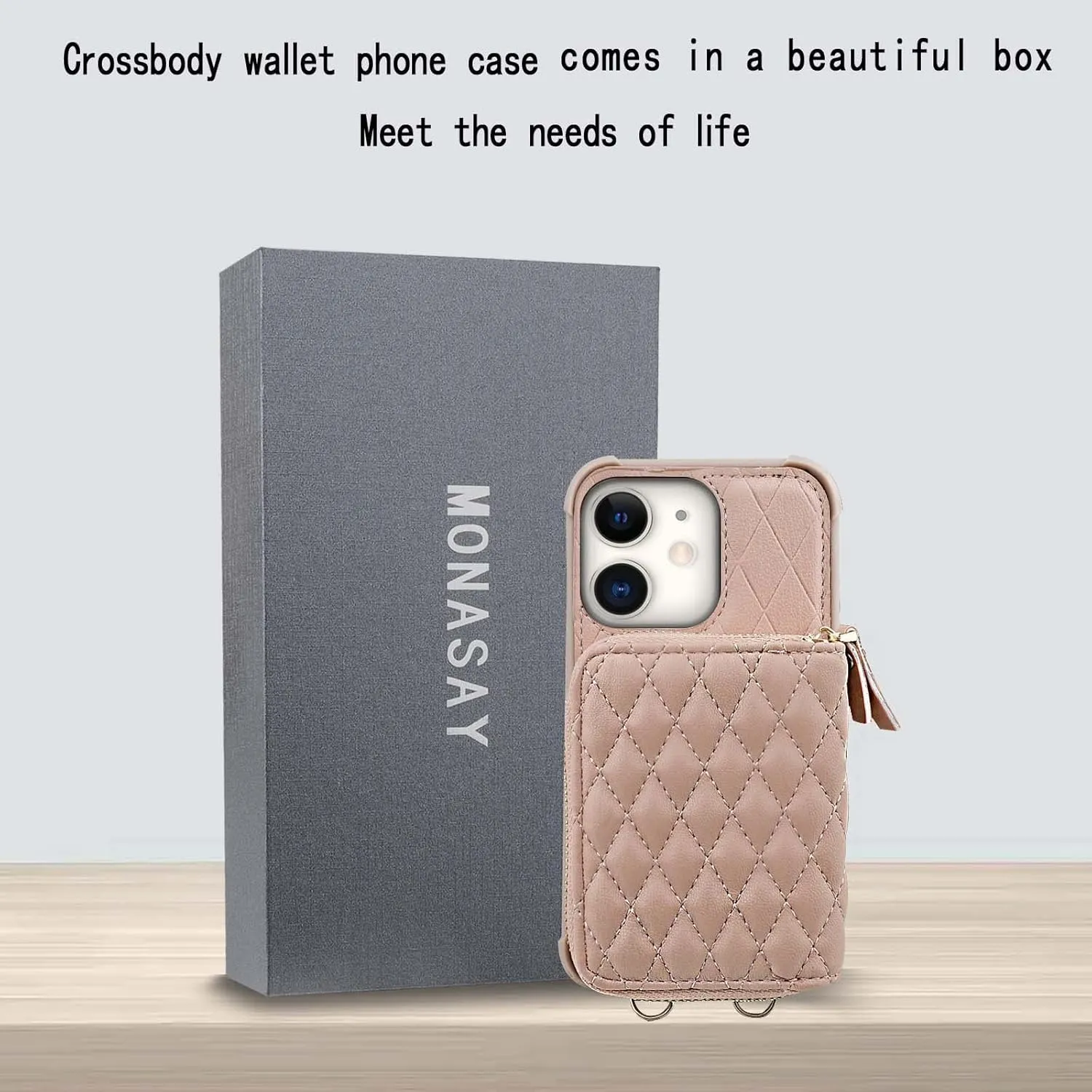 MONASAY Zipper Wallet Case Fit for iPhone 11,[Glass Screen Protector ][RFID Blocking] Flip Leather Handbag Phone Cover with Card Holder and Detachable Crossbody Shoulder Lanyard Strap, Rosegold