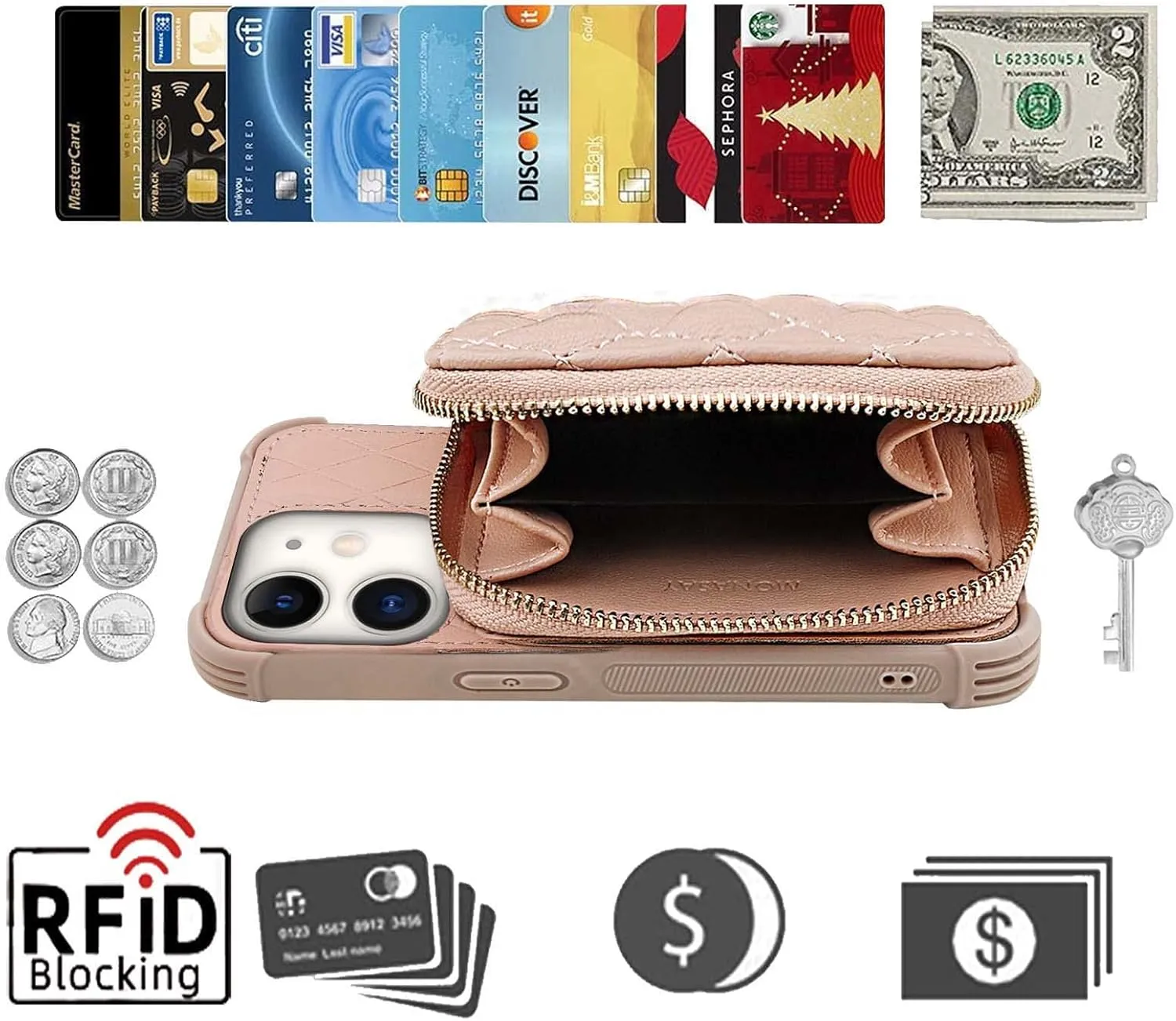 MONASAY Zipper Wallet Case Fit for iPhone 11,[Glass Screen Protector ][RFID Blocking] Flip Leather Handbag Phone Cover with Card Holder and Detachable Crossbody Shoulder Lanyard Strap, Rosegold
