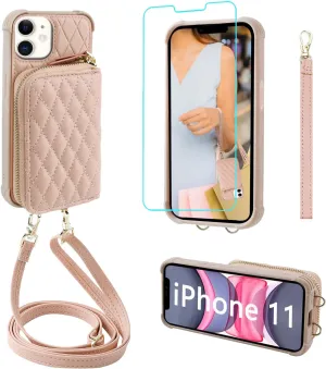 MONASAY Zipper Wallet Case Fit for iPhone 11,[Glass Screen Protector ][RFID Blocking] Flip Leather Handbag Phone Cover with Card Holder and Detachable Crossbody Shoulder Lanyard Strap, Rosegold