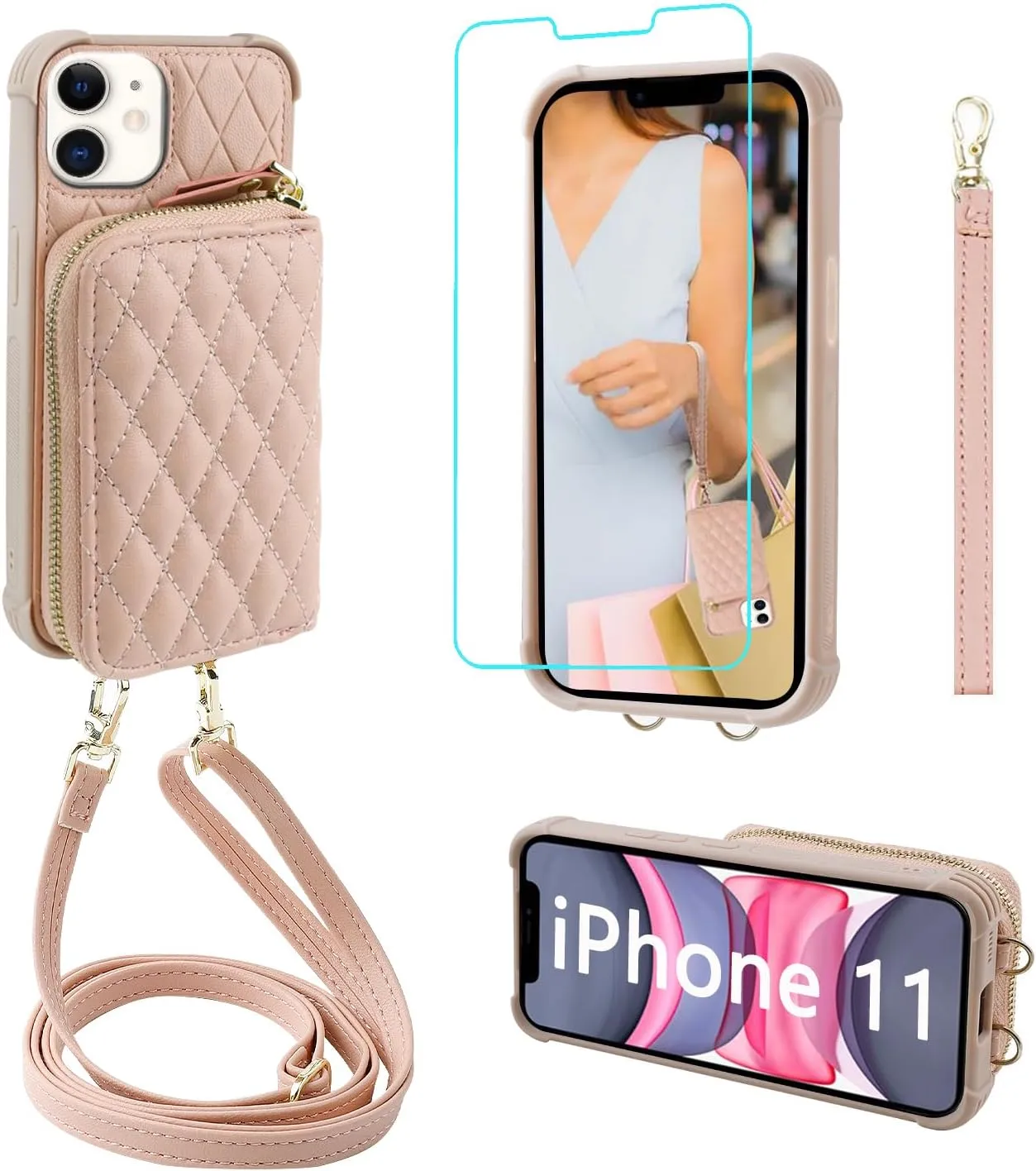 MONASAY Zipper Wallet Case Fit for iPhone 11,[Glass Screen Protector ][RFID Blocking] Flip Leather Handbag Phone Cover with Card Holder and Detachable Crossbody Shoulder Lanyard Strap, Rosegold