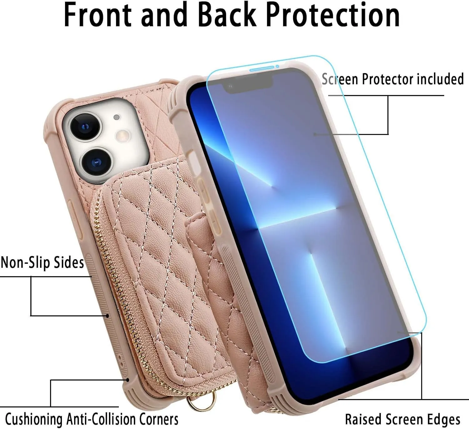 MONASAY Zipper Wallet Case Fit for iPhone 11,[Glass Screen Protector ][RFID Blocking] Flip Leather Handbag Phone Cover with Card Holder and Detachable Crossbody Shoulder Lanyard Strap, Rosegold