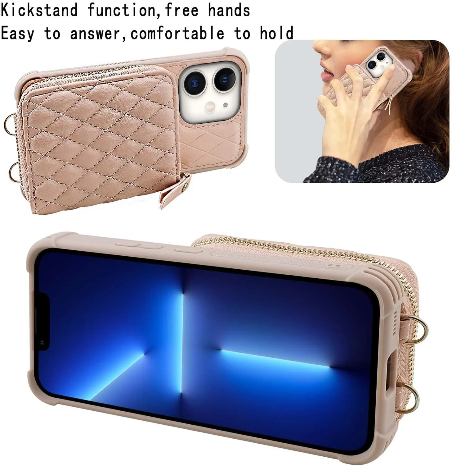 MONASAY Zipper Wallet Case Fit for iPhone 11,[Glass Screen Protector ][RFID Blocking] Flip Leather Handbag Phone Cover with Card Holder and Detachable Crossbody Shoulder Lanyard Strap, Rosegold