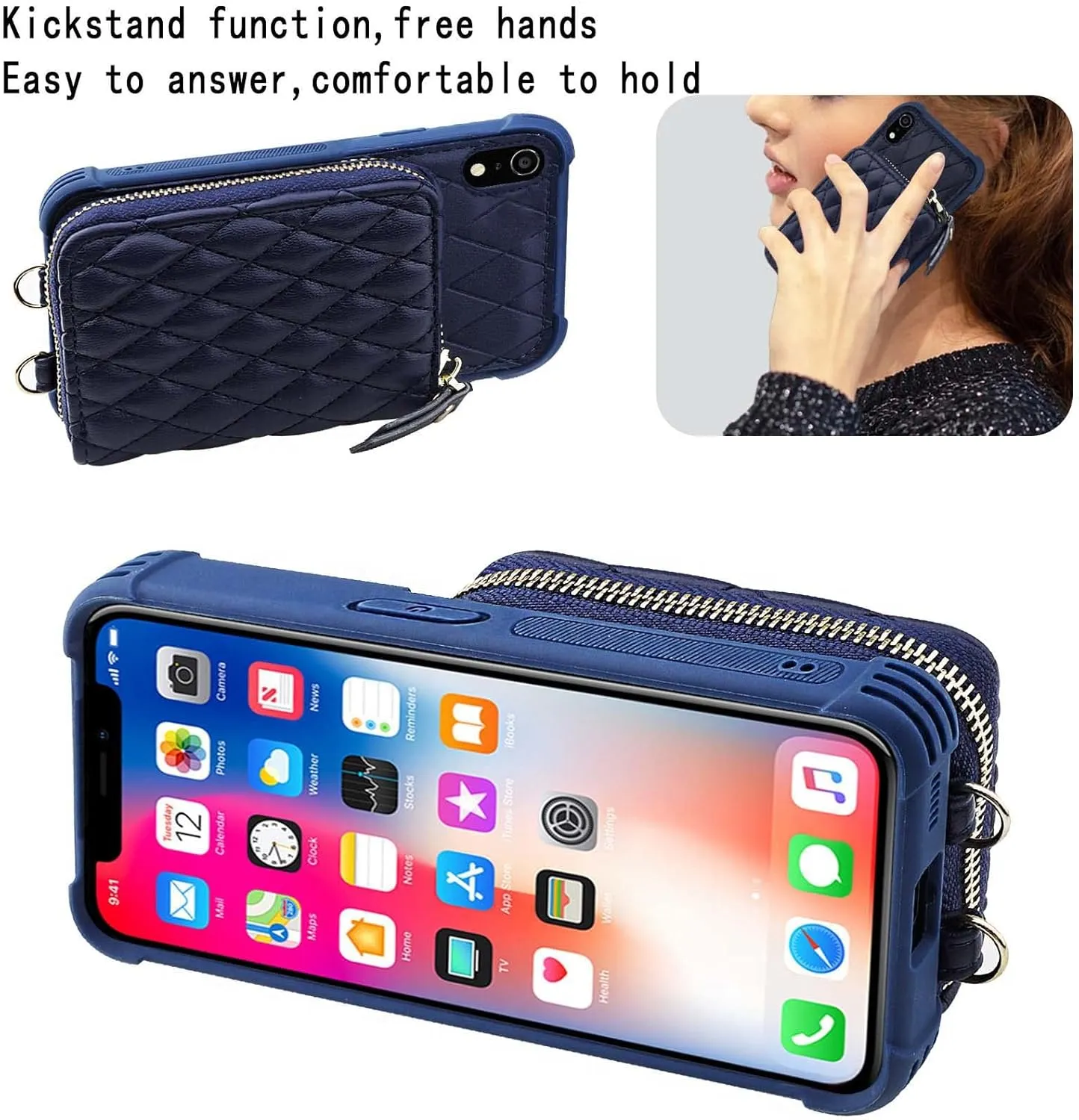 MONASAY Zipper Wallet Case for iPhone XR,[Glass Screen Protector ][RFID Blocking] Flip Leather Handbag Phone Cover with Card Holder and Detachable Crossbody Shoulder Lanyard Strap, Dark Blue