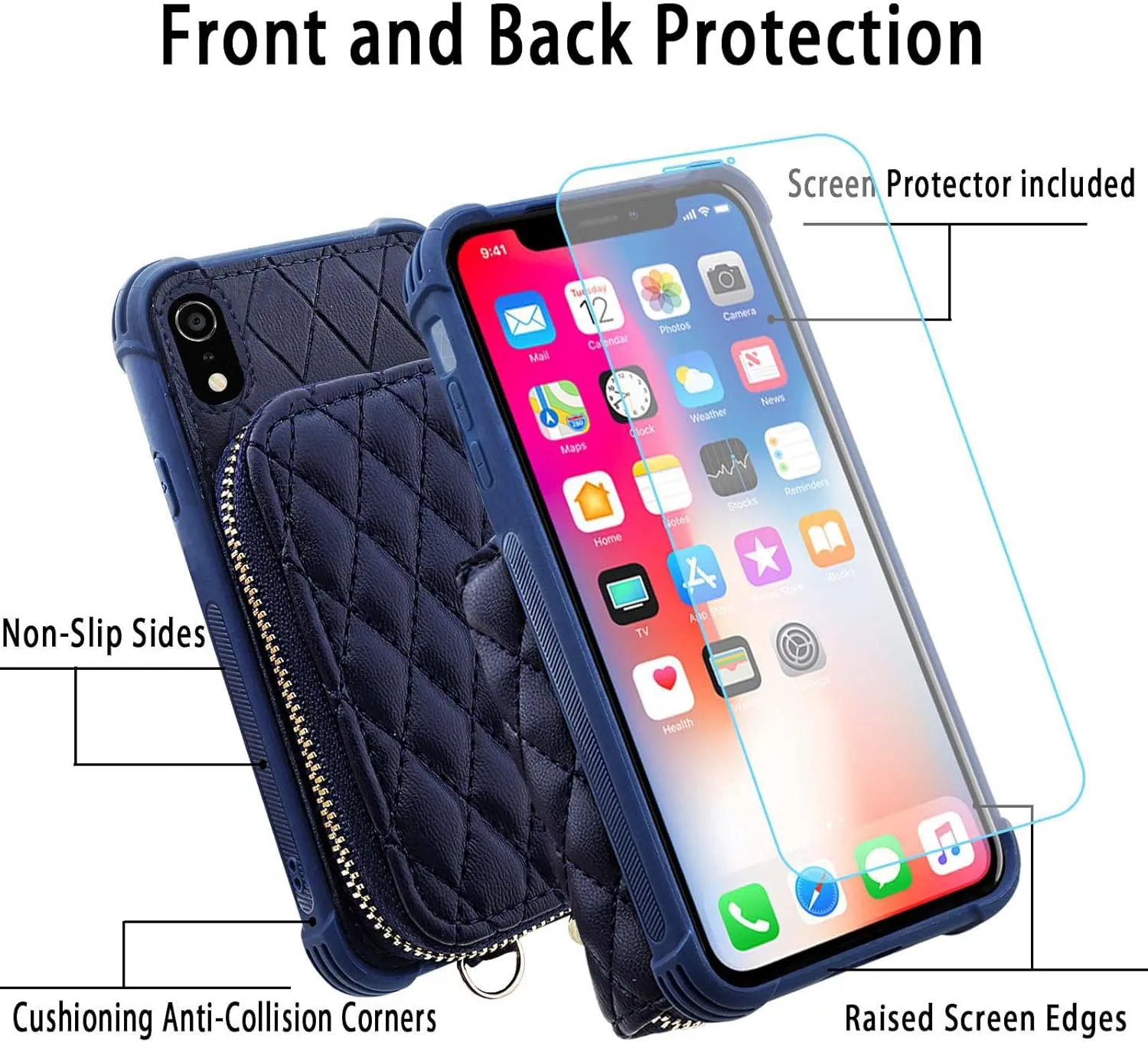 MONASAY Zipper Wallet Case for iPhone XR,[Glass Screen Protector ][RFID Blocking] Flip Leather Handbag Phone Cover with Card Holder and Detachable Crossbody Shoulder Lanyard Strap, Dark Blue