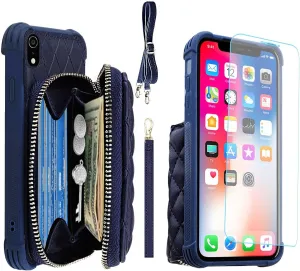 MONASAY Zipper Wallet Case for iPhone XR,[Glass Screen Protector ][RFID Blocking] Flip Leather Handbag Phone Cover with Card Holder and Detachable Crossbody Shoulder Lanyard Strap, Dark Blue