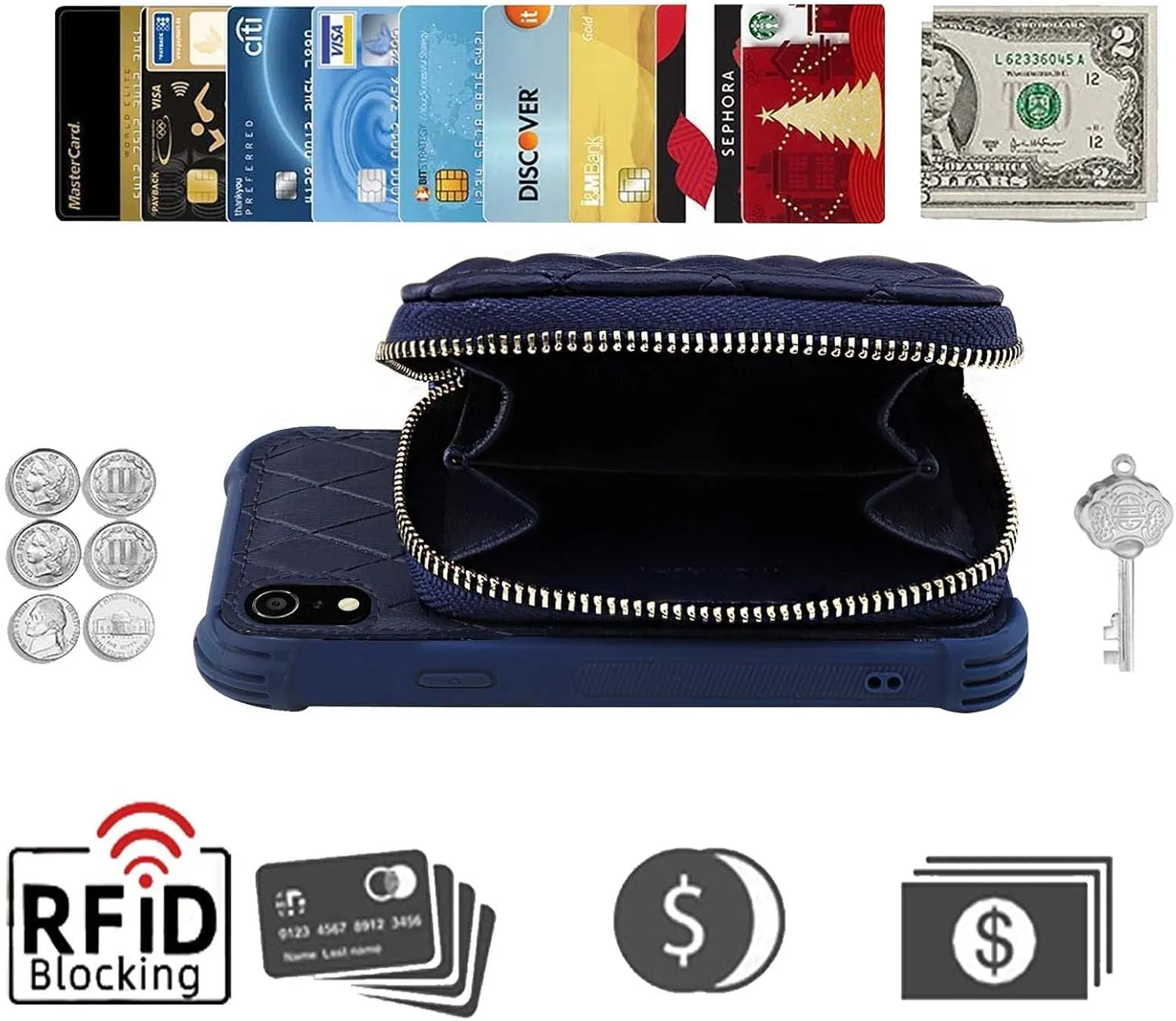 MONASAY Zipper Wallet Case for iPhone XR,[Glass Screen Protector ][RFID Blocking] Flip Leather Handbag Phone Cover with Card Holder and Detachable Crossbody Shoulder Lanyard Strap, Dark Blue