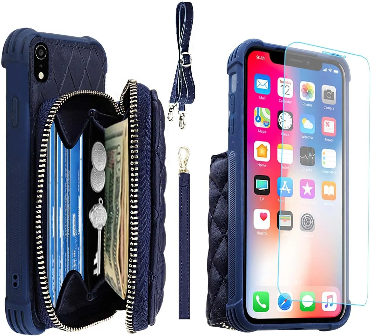 MONASAY Zipper Wallet Case for iPhone XR,[Glass Screen Protector ][RFID Blocking] Flip Leather Handbag Phone Cover with Card Holder and Detachable Crossbody Shoulder Lanyard Strap, Dark Blue