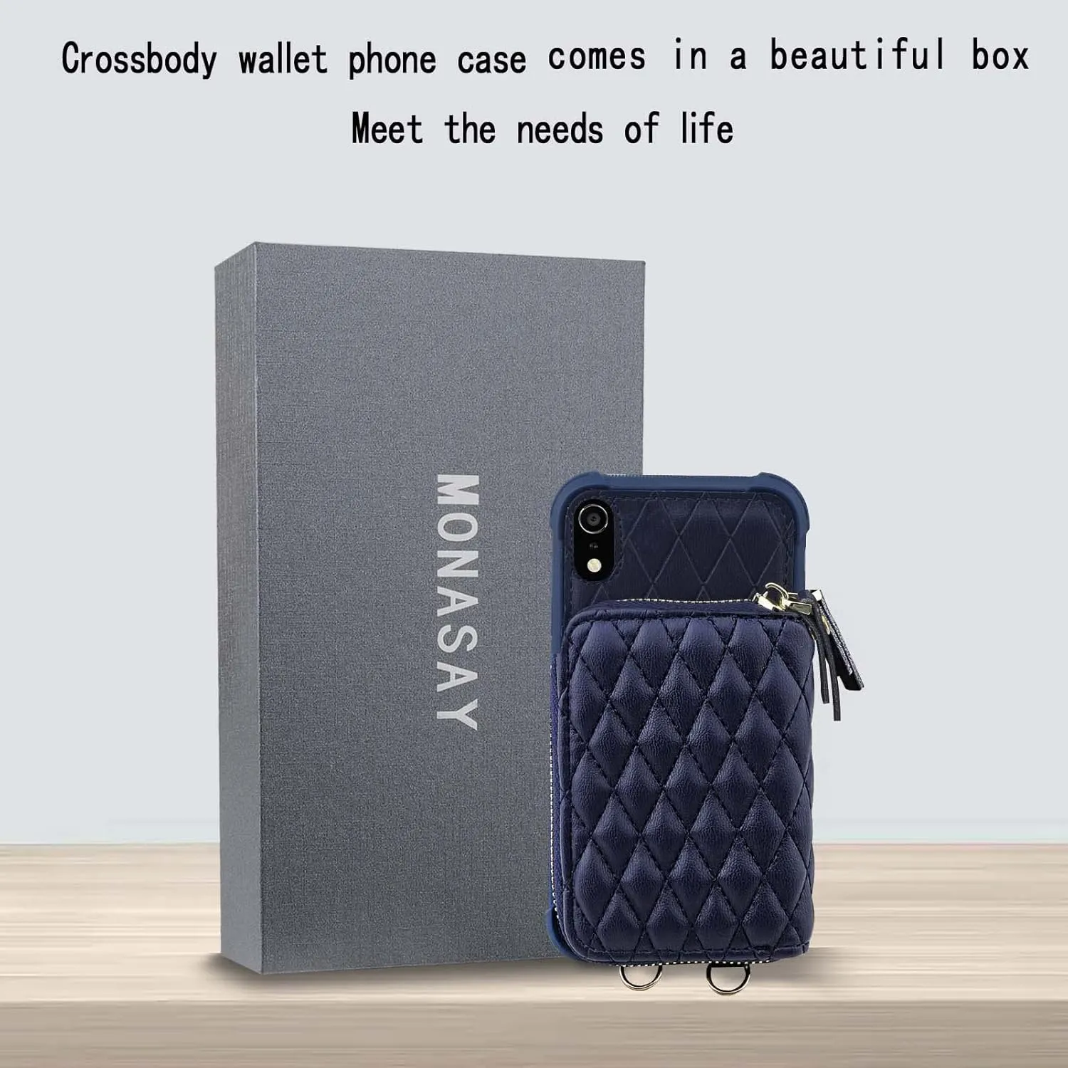 MONASAY Zipper Wallet Case for iPhone XR,[Glass Screen Protector ][RFID Blocking] Flip Leather Handbag Phone Cover with Card Holder and Detachable Crossbody Shoulder Lanyard Strap, Dark Blue