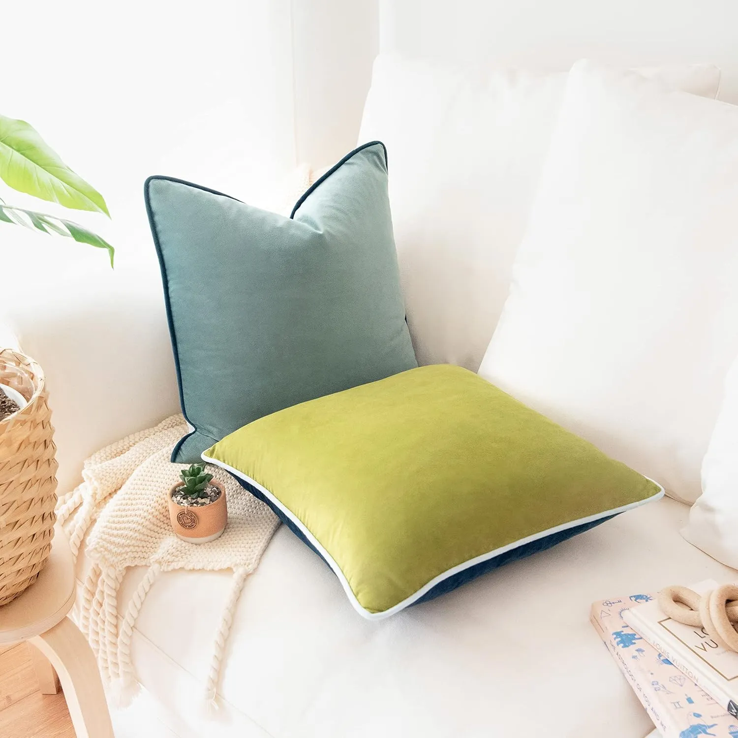 MONDAY MOOSE Decorative Throw Pillow Covers Cushion Cases, Set of 2 Soft Velvet Modern Double-Sided Designs, Mix and Match for Home Decor, Pillow Inserts Not Included (20x20 inch, Green/Blue)