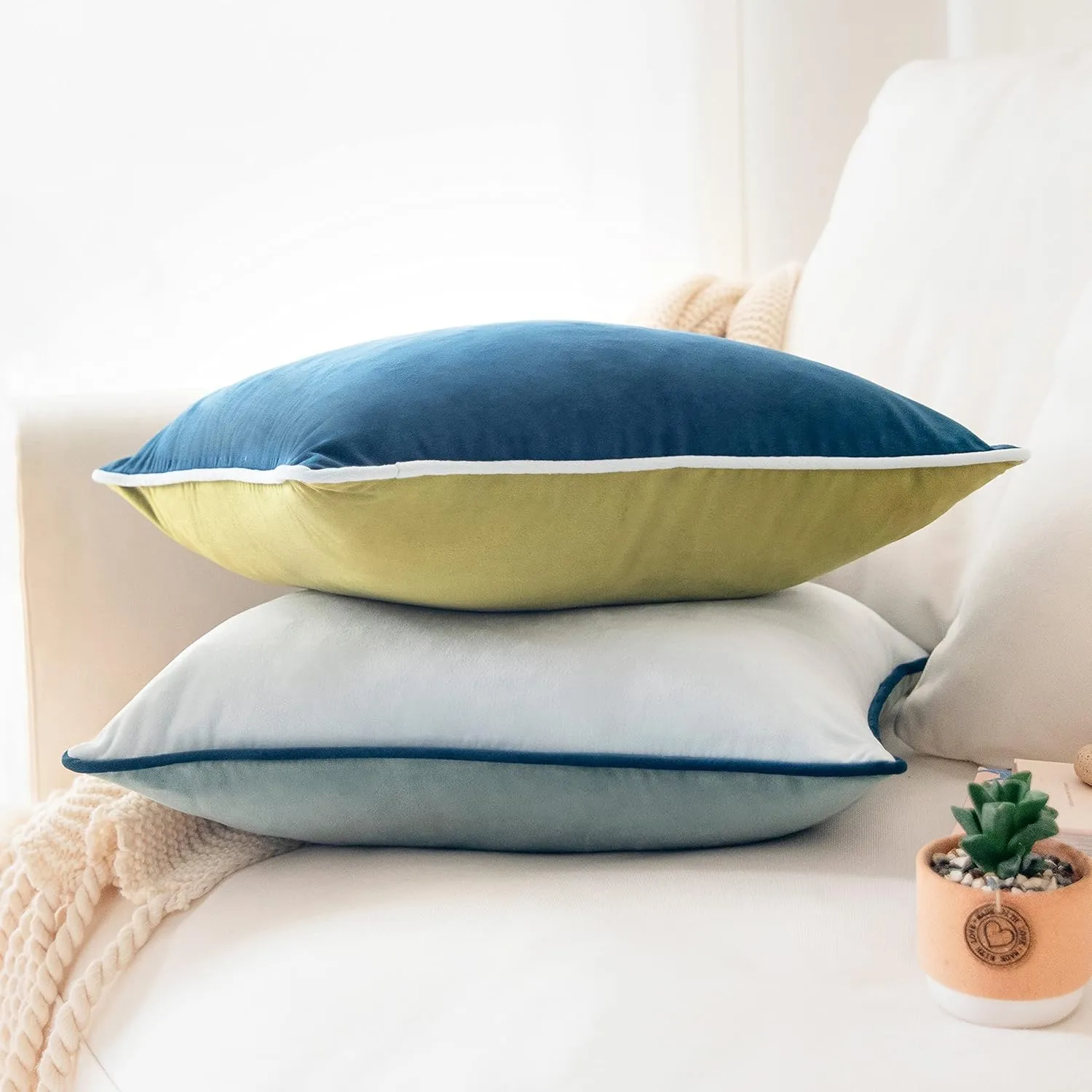 MONDAY MOOSE Decorative Throw Pillow Covers Cushion Cases, Set of 2 Soft Velvet Modern Double-Sided Designs, Mix and Match for Home Decor, Pillow Inserts Not Included (20x20 inch, Green/Blue)