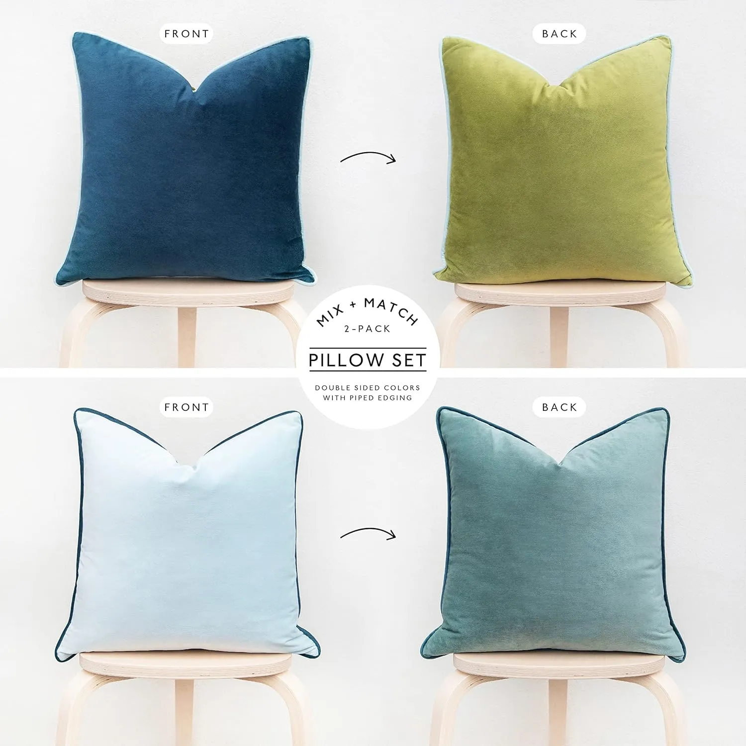 MONDAY MOOSE Decorative Throw Pillow Covers Cushion Cases, Set of 2 Soft Velvet Modern Double-Sided Designs, Mix and Match for Home Decor, Pillow Inserts Not Included (20x20 inch, Green/Blue)