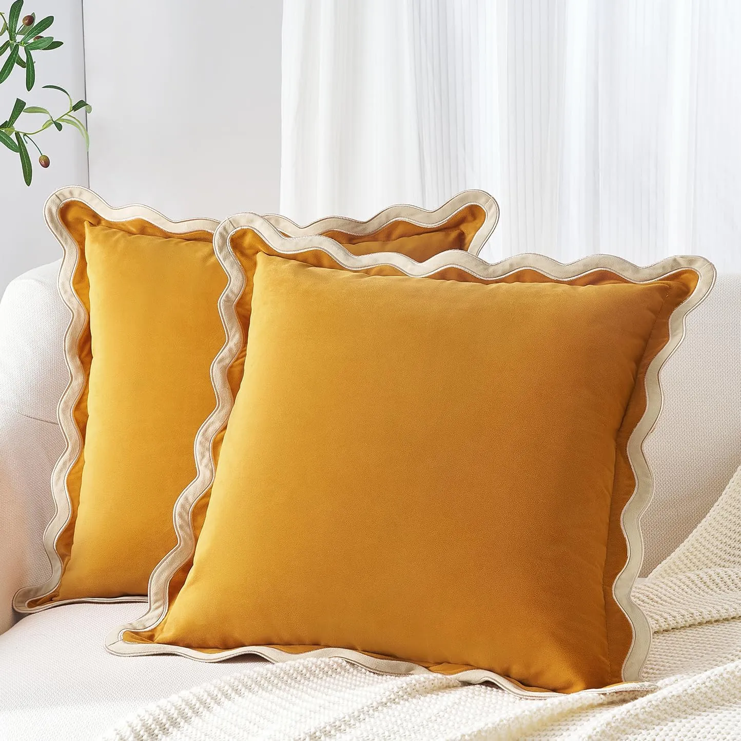 MONDAY MOOSE Decorative Throw Pillow Covers Cushion Cases, Set of 2 Soft Velvet Scalloped Wavy Edge Designs, Mix and Match for Home Decor, Pillow Inserts Not Included (Cream/Honey, 18x18 inch)