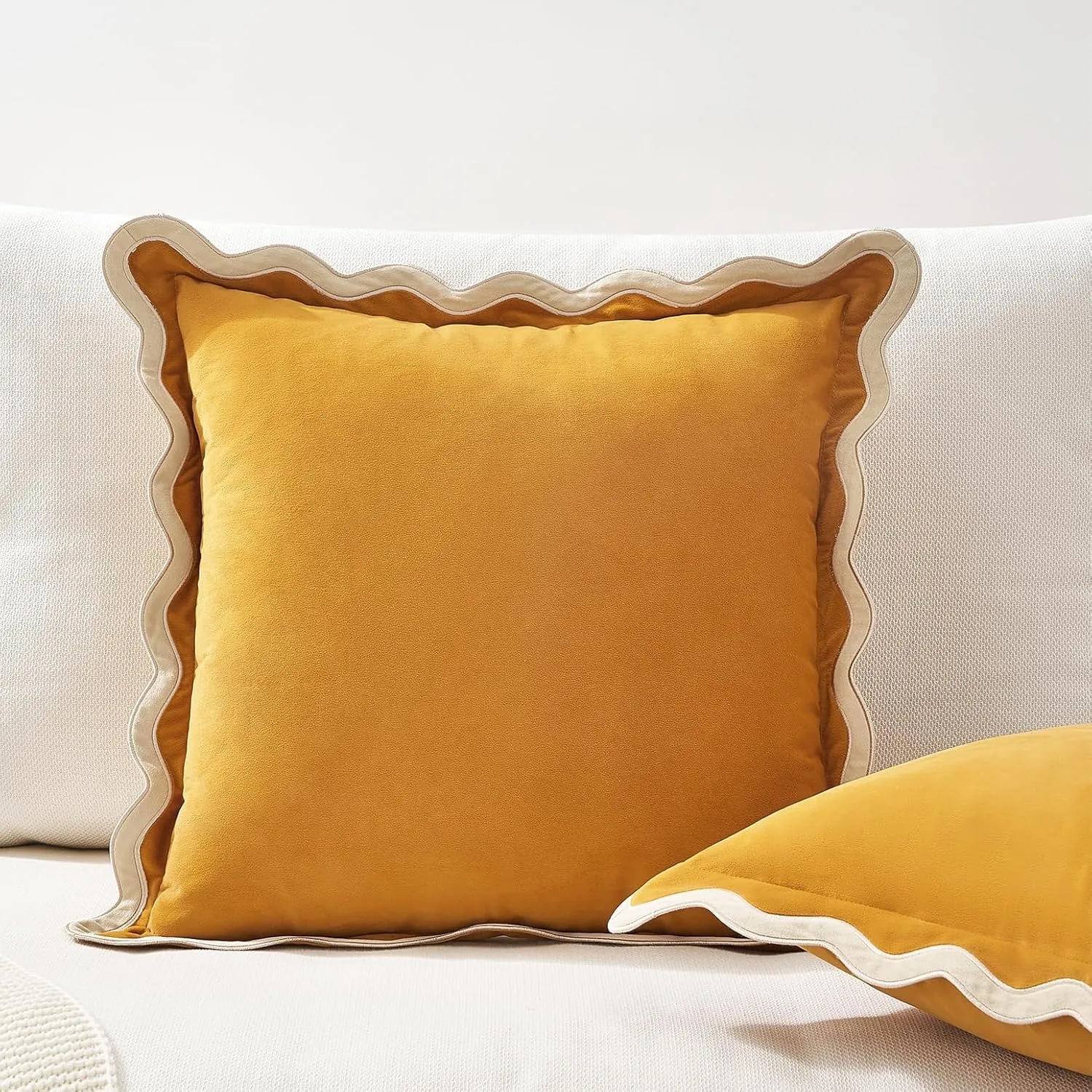 MONDAY MOOSE Decorative Throw Pillow Covers Cushion Cases, Set of 2 Soft Velvet Scalloped Wavy Edge Designs, Mix and Match for Home Decor, Pillow Inserts Not Included (Cream/Honey, 18x18 inch)