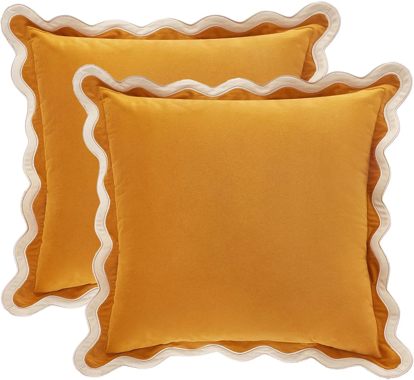 MONDAY MOOSE Decorative Throw Pillow Covers Cushion Cases, Set of 2 Soft Velvet Scalloped Wavy Edge Designs, Mix and Match for Home Decor, Pillow Inserts Not Included (Cream/Honey, 18x18 inch)