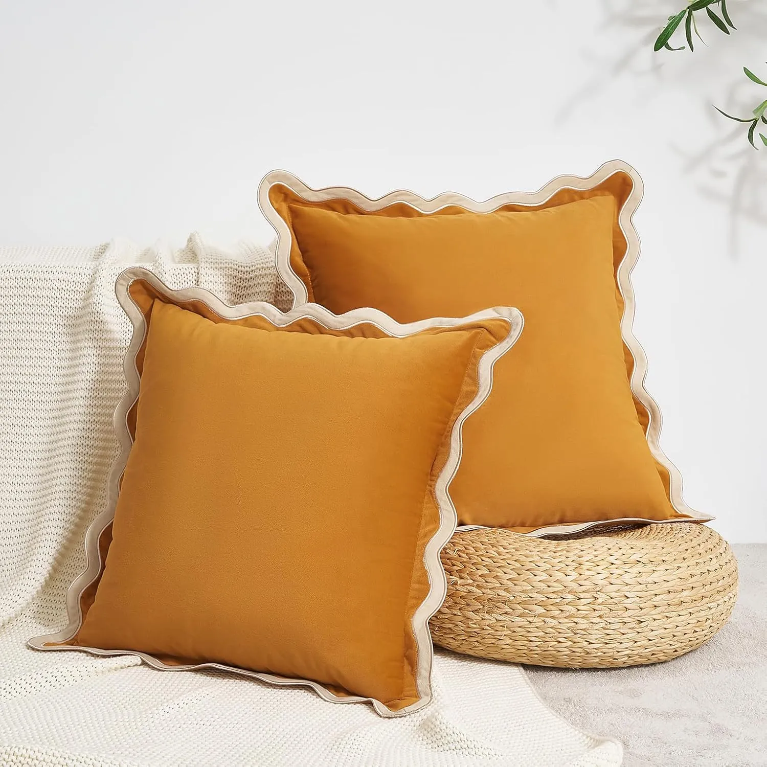MONDAY MOOSE Decorative Throw Pillow Covers Cushion Cases, Set of 2 Soft Velvet Scalloped Wavy Edge Designs, Mix and Match for Home Decor, Pillow Inserts Not Included (Cream/Honey, 18x18 inch)