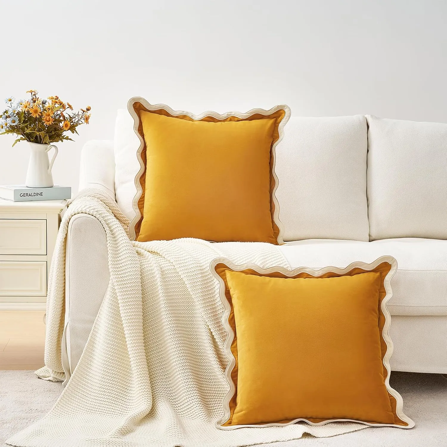 MONDAY MOOSE Decorative Throw Pillow Covers Cushion Cases, Set of 2 Soft Velvet Scalloped Wavy Edge Designs, Mix and Match for Home Decor, Pillow Inserts Not Included (Cream/Honey, 18x18 inch)
