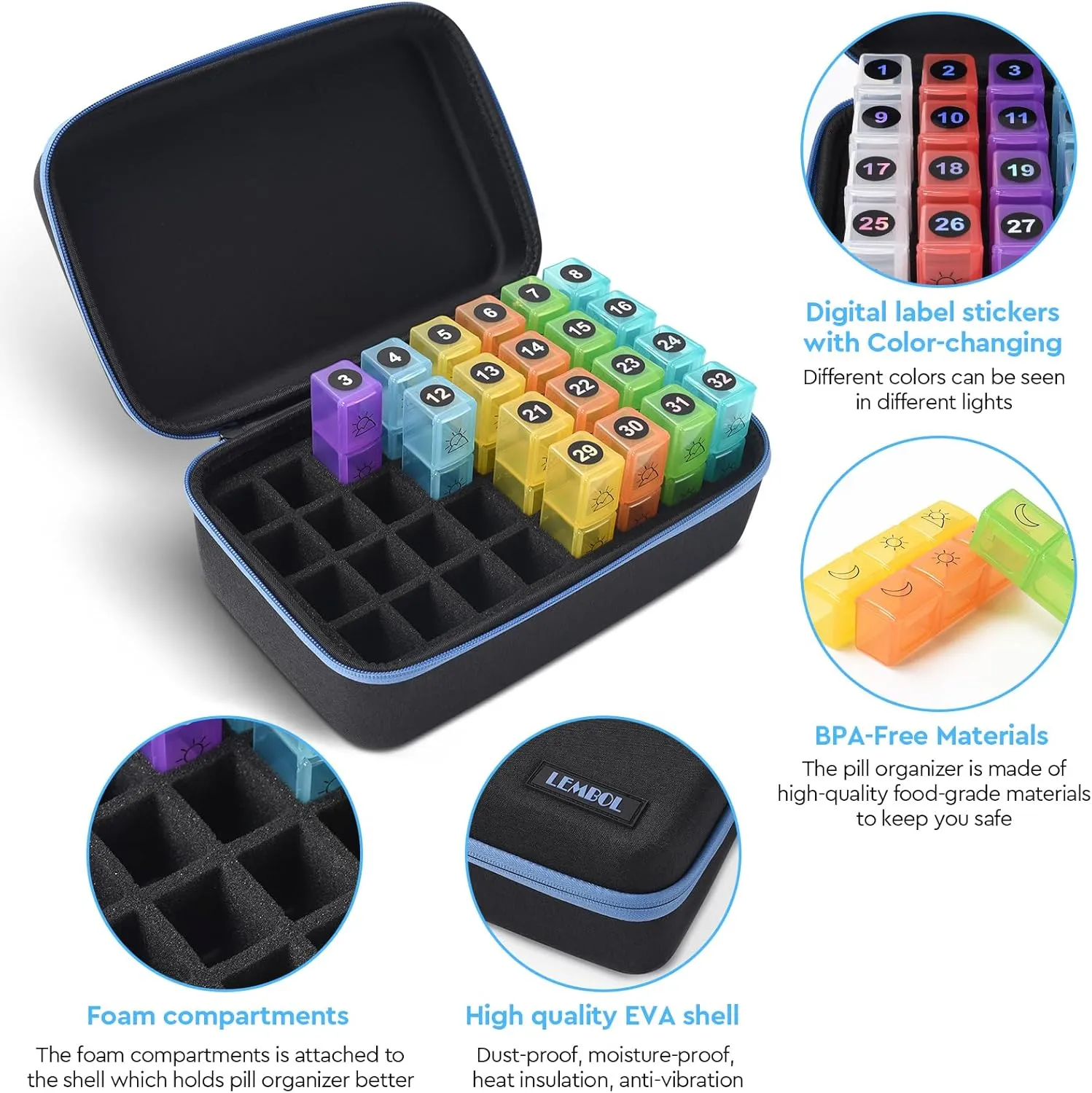 Monthly Pill Organizer 3X a Day with Portable 7-Day Travel Medicine Organizing Bag,Large Pill Box with 32 Daily Compartments,30 Day Pill Case Medicine Organizer for Vitamin,Supplement and Medication