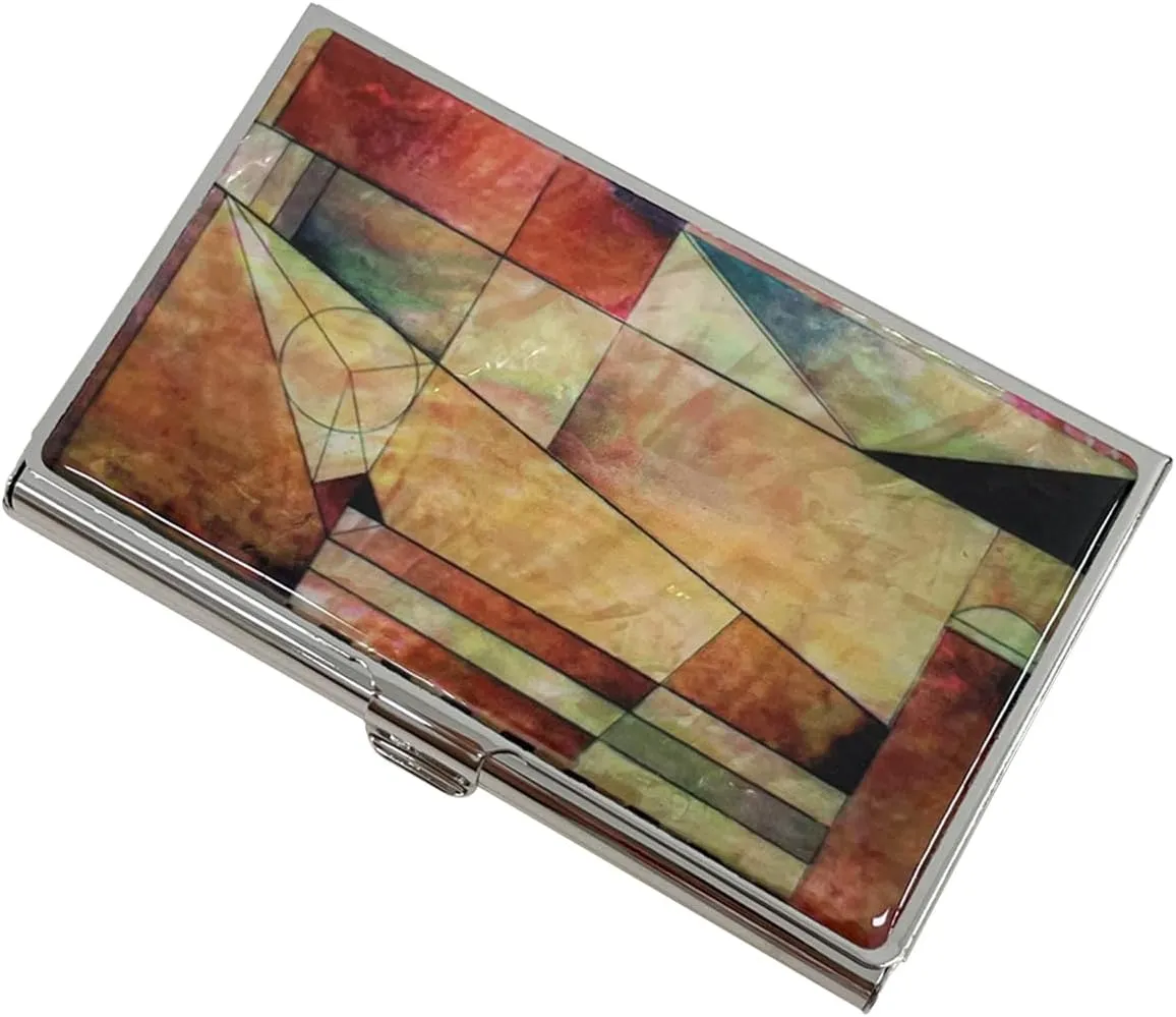 Mother of Pearl Business Card Case Credit Id Name Holder Travel Wallet Art Painting Design Metal Stainless Steel Engraved Slim Purse Pocket Cash Money Wallet (New Patchwork)