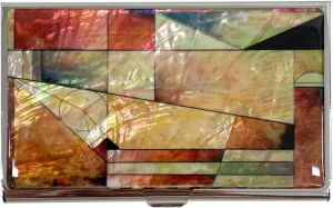 Mother of Pearl Business Card Case Credit Id Name Holder Travel Wallet Art Painting Design Metal Stainless Steel Engraved Slim Purse Pocket Cash Money Wallet (New Patchwork)