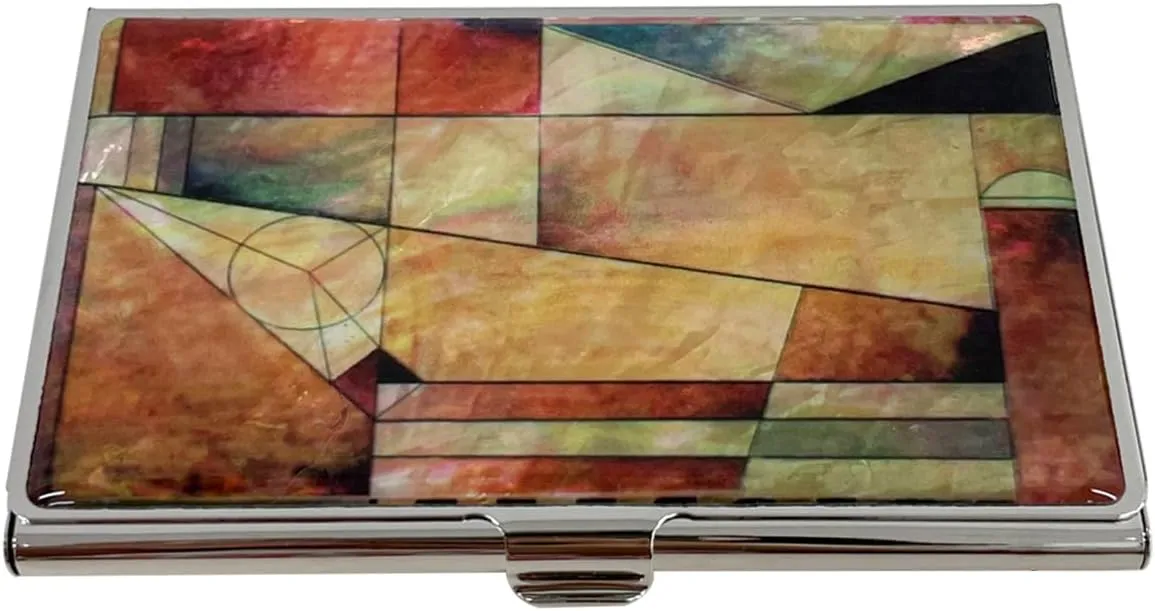 Mother of Pearl Business Card Case Credit Id Name Holder Travel Wallet Art Painting Design Metal Stainless Steel Engraved Slim Purse Pocket Cash Money Wallet (New Patchwork)