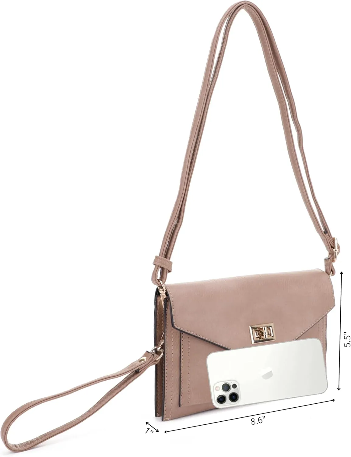 Multifunctional Women's Envelope Style Crossbody Wallet Clutch with Turn Lock and Zipper Closure
