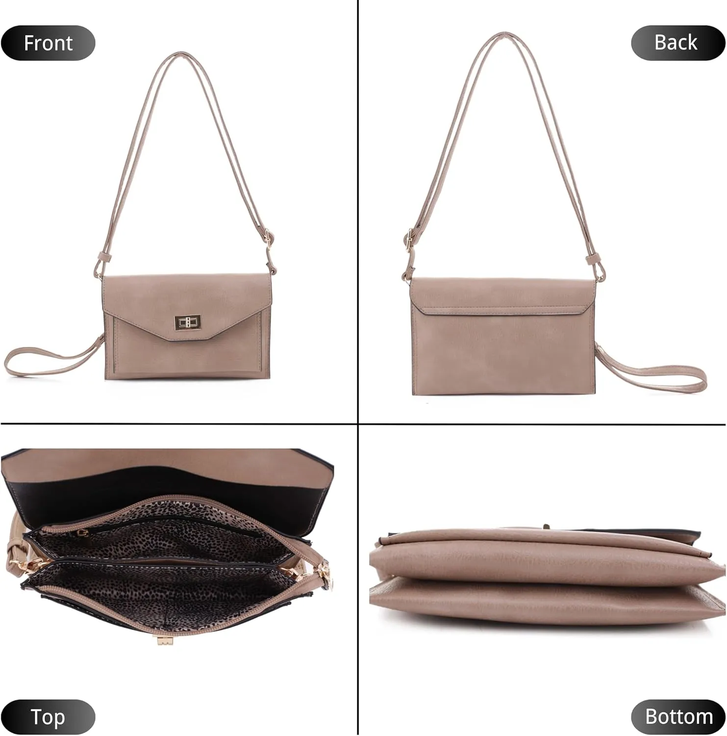 Multifunctional Women's Envelope Style Crossbody Wallet Clutch with Turn Lock and Zipper Closure