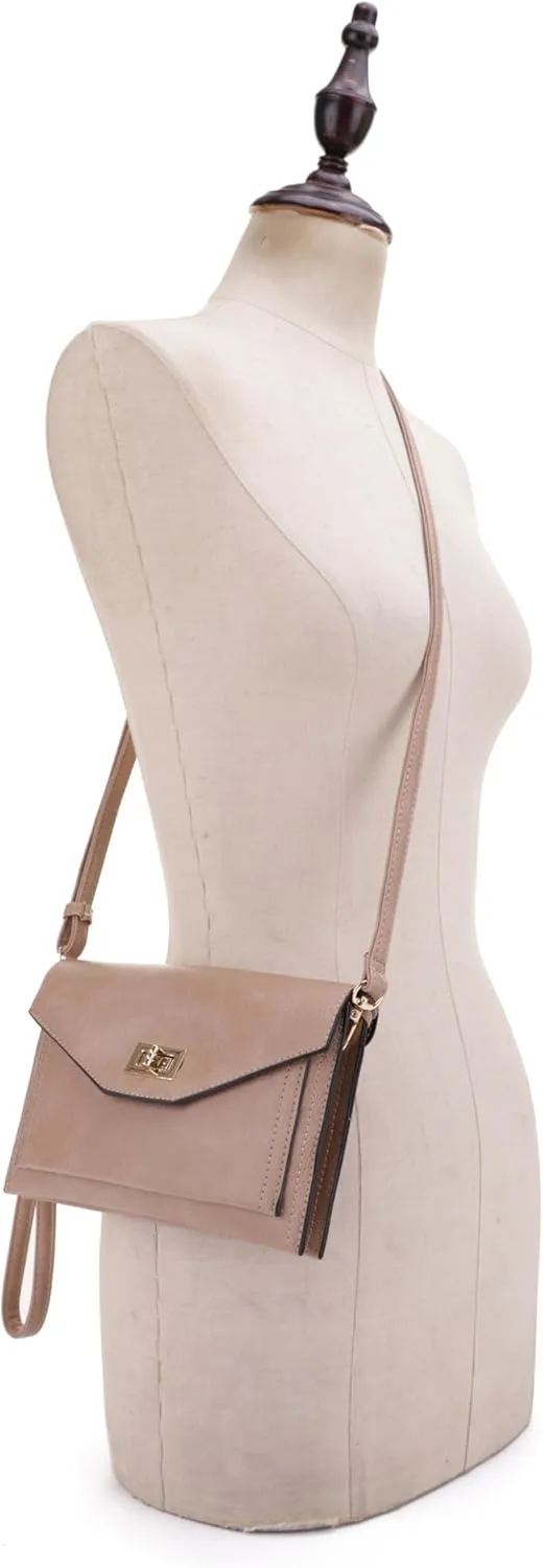 Multifunctional Women's Envelope Style Crossbody Wallet Clutch with Turn Lock and Zipper Closure