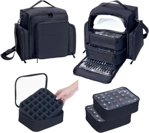 Nail Polish Organizer Case Holds 60 Bottles Portable Travel Storage Box with 2 Detachable Bags, Designed for Women's Nail Tools, Essential Oils and Cosmetics Sets Black