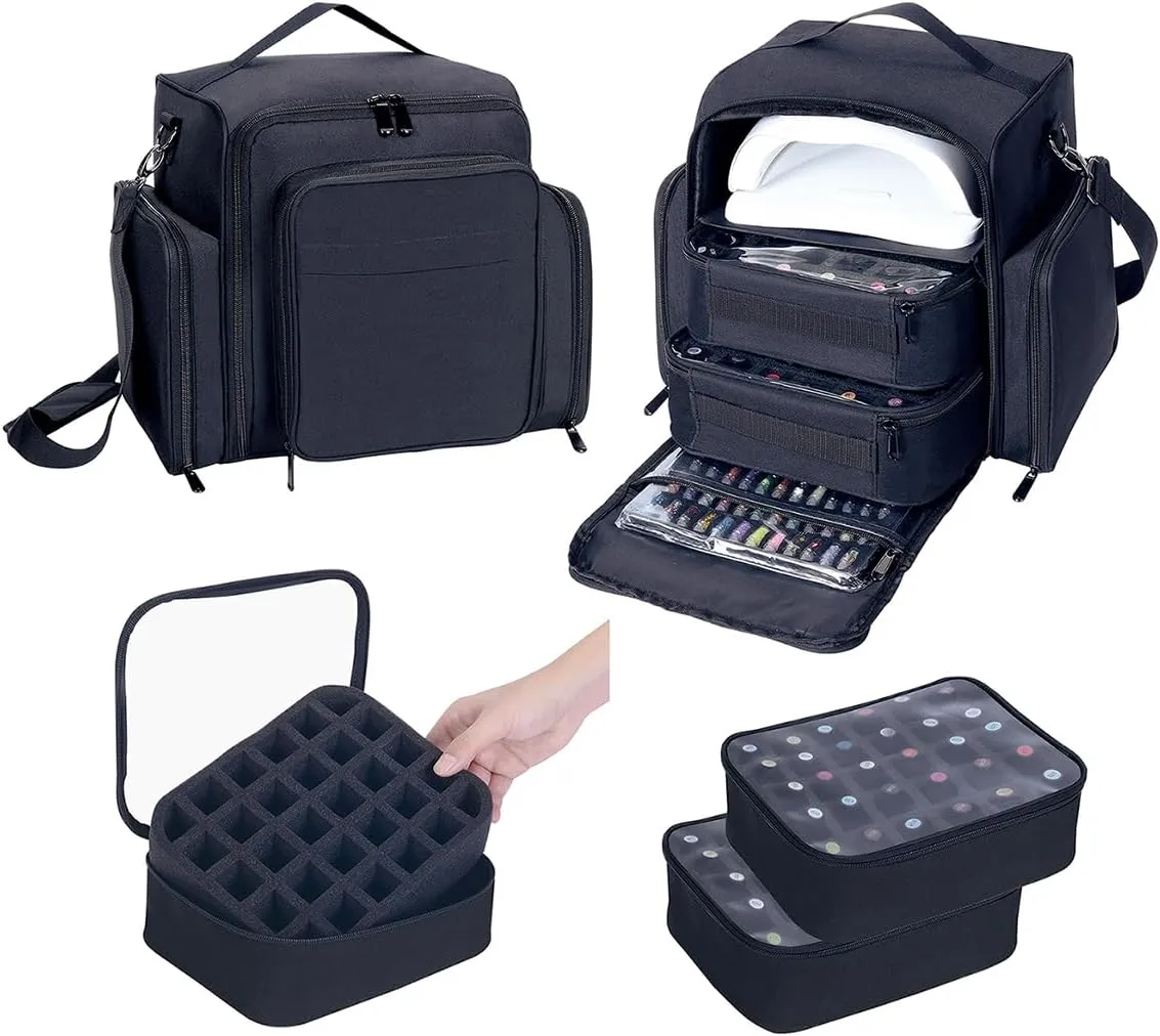 Nail Polish Organizer Case Holds 60 Bottles Portable Travel Storage Box with 2 Detachable Bags, Designed for Women's Nail Tools, Essential Oils and Cosmetics Sets Black