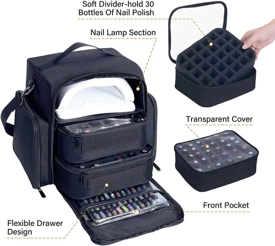Nail Polish Organizer Case Holds 60 Bottles Portable Travel Storage Box with 2 Detachable Bags, Designed for Women's Nail Tools, Essential Oils and Cosmetics Sets Black