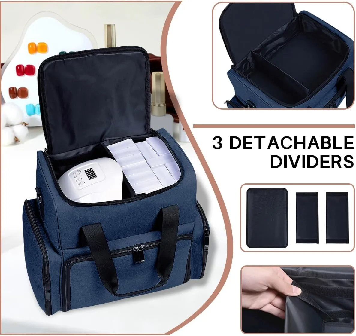 Nail Polish Organizer Holds 80 Bottles (15ml - 0.5 fl.oz) and a Nail Lamp,Nail Polish Case with 2 Removable Bags and Tools Storage Sections Blue
