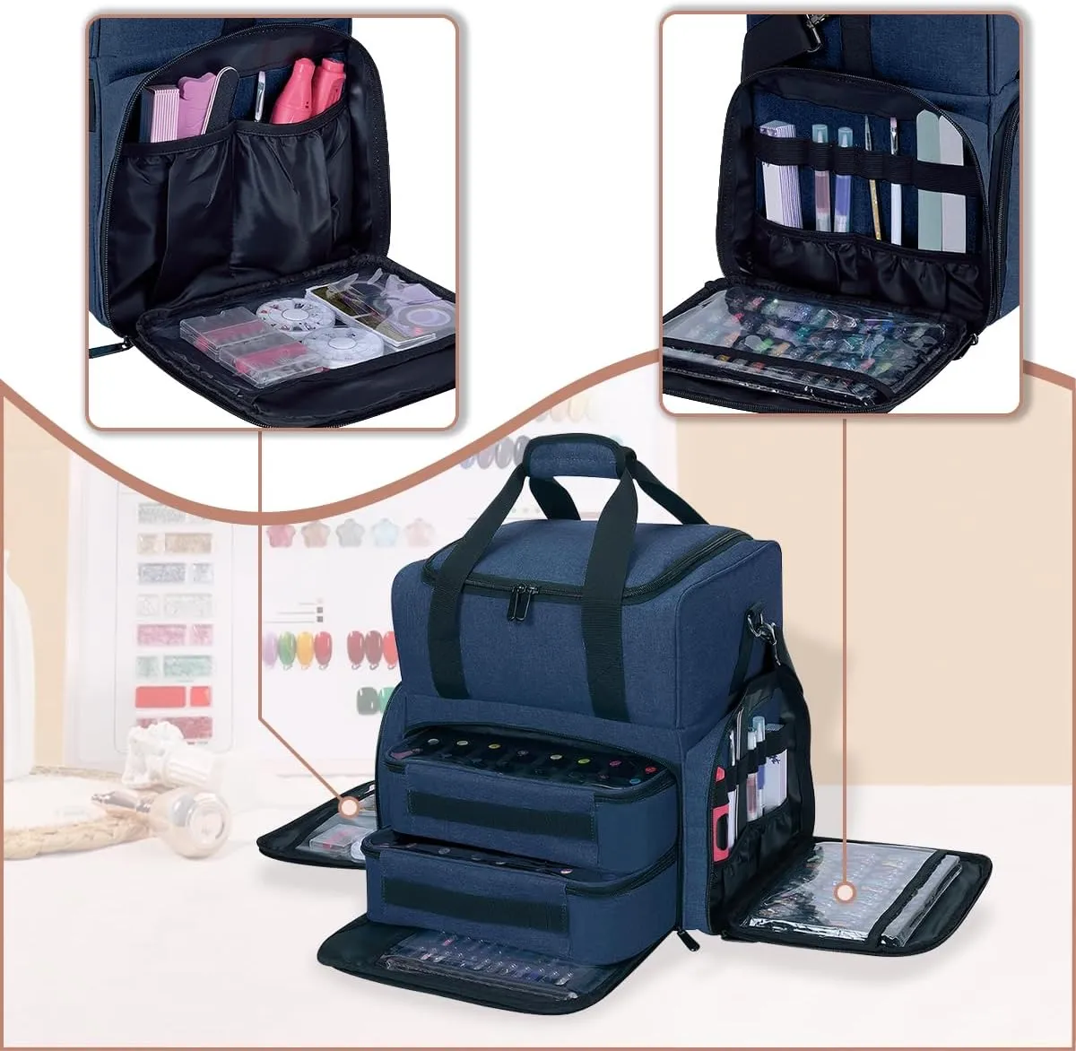 Nail Polish Organizer Holds 80 Bottles (15ml - 0.5 fl.oz) and a Nail Lamp,Nail Polish Case with 2 Removable Bags and Tools Storage Sections Blue