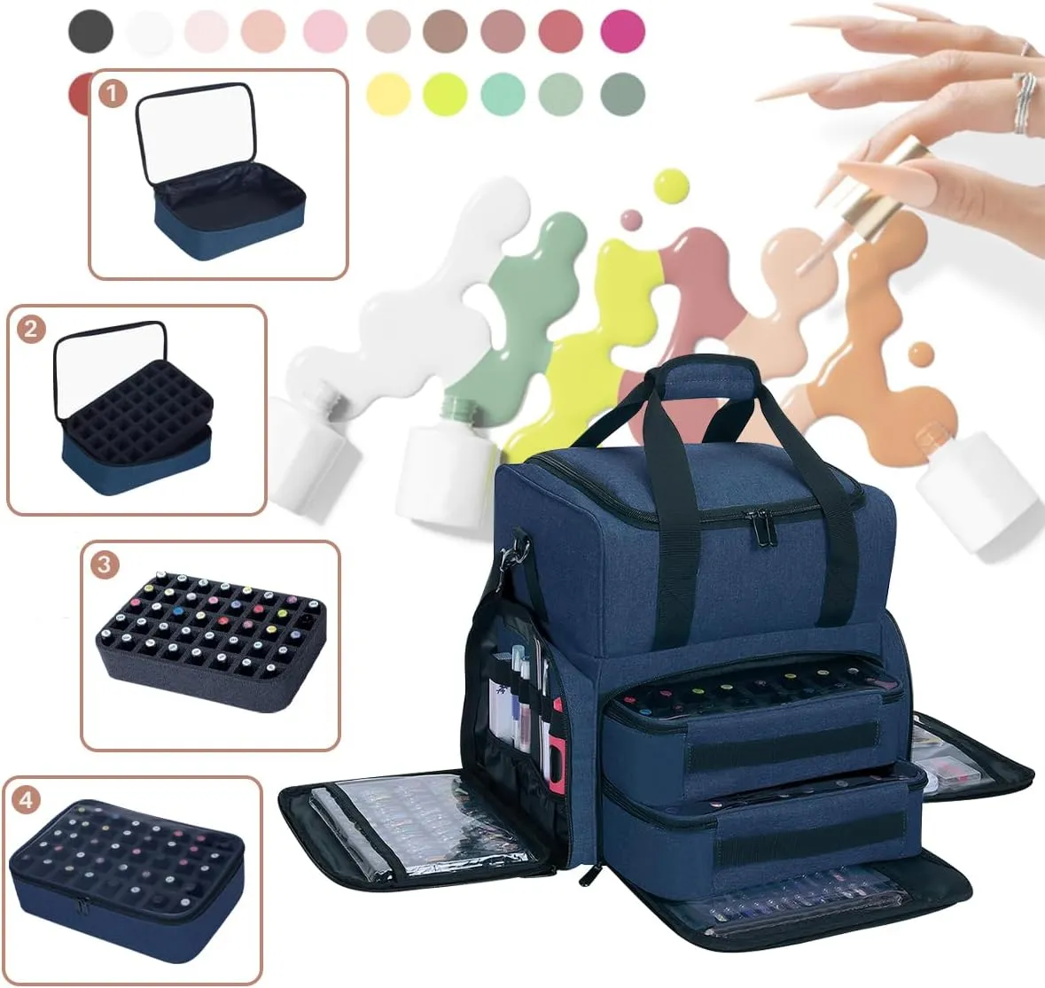 Nail Polish Organizer Holds 80 Bottles (15ml - 0.5 fl.oz) and a Nail Lamp,Nail Polish Case with 2 Removable Bags and Tools Storage Sections Blue