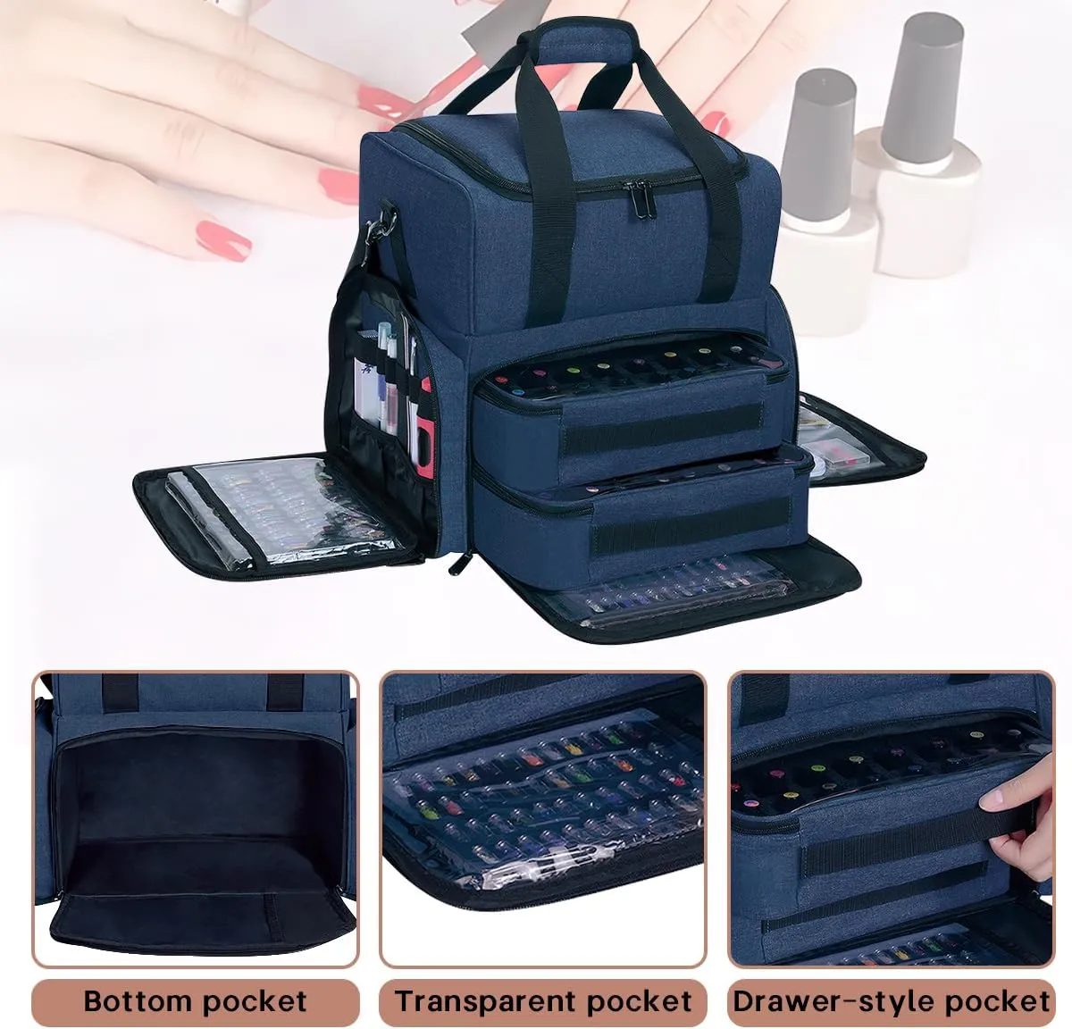 Nail Polish Organizer Holds 80 Bottles (15ml - 0.5 fl.oz) and a Nail Lamp,Nail Polish Case with 2 Removable Bags and Tools Storage Sections Blue