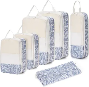 Narwey 6 Set Floral Compression Packing Cubes Travel for Carry on Women, Packing Organizers Bag for Backpack Luggage Suitcase Duffle Bags (Blue Leaf)