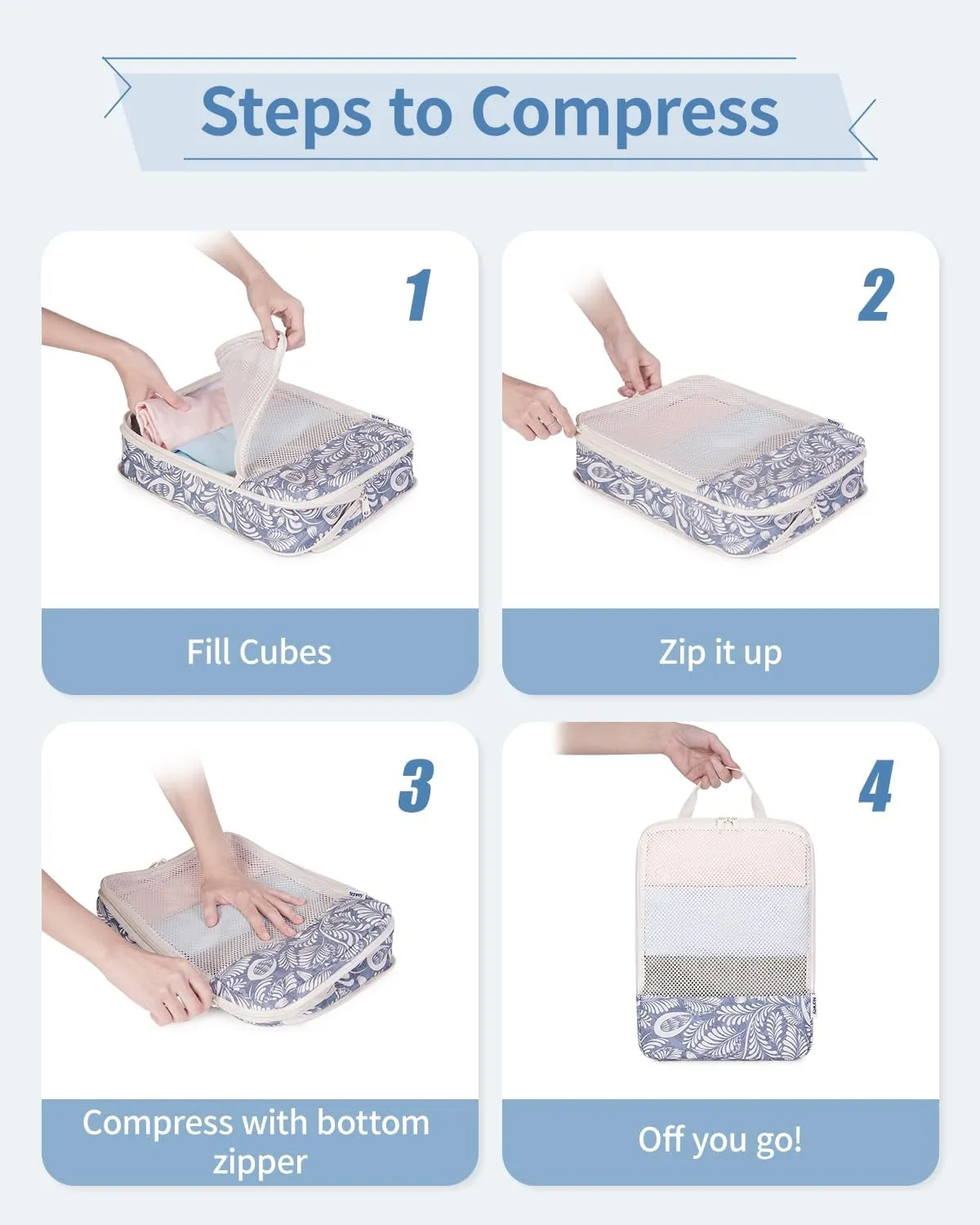 Narwey 6 Set Floral Compression Packing Cubes Travel for Carry on Women, Packing Organizers Bag for Backpack Luggage Suitcase Duffle Bags (Blue Leaf)