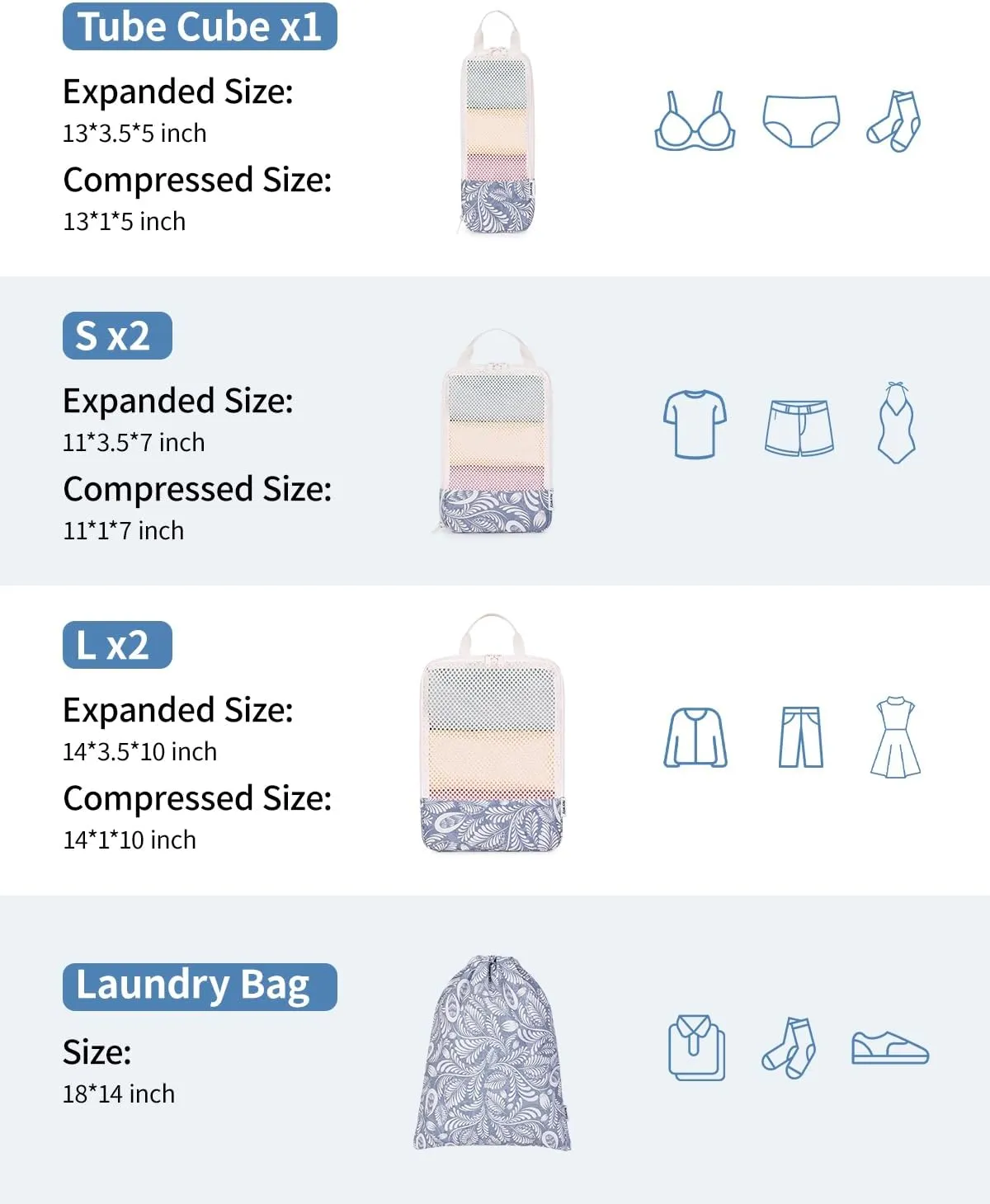 Narwey 6 Set Floral Compression Packing Cubes Travel for Carry on Women, Packing Organizers Bag for Backpack Luggage Suitcase Duffle Bags (Blue Leaf)