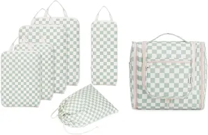 Narwey Checked Hanging Travel Toiletry Bag with 6 Set Compression Packing Cubes