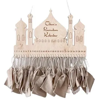 Natural Wood Ramadan Calendar with Drawstring Bags