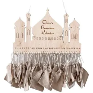 Natural Wood Ramadan Calendar with Drawstring Bags