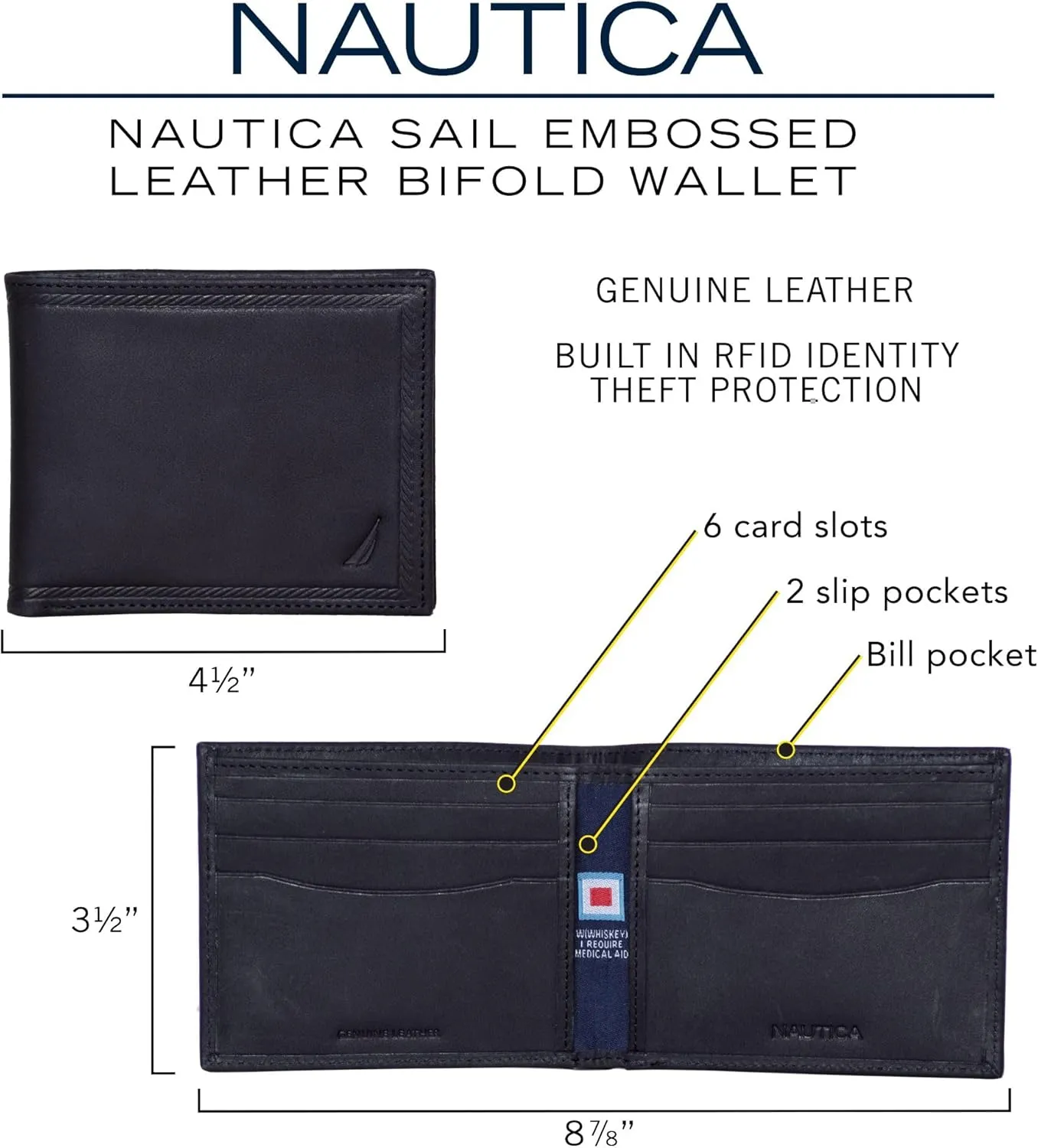 Nautica Men's Bifold Leather Wallet | RFID Blocking | ID Window | Card Slots | Organization | Durable | Stylish