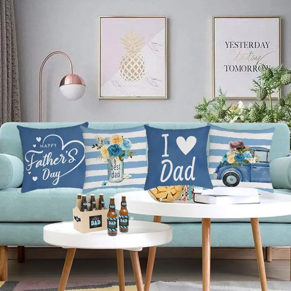 Neatee Living Fathers Day Pillow Covers 16x16 Set of 4 Velvet Blue Dad Throw Pillow Covers Floral Truck Cushion Covers Pillow Case Gift for Father Dad Birthday Home Outdoor Sofa Decoration (16)